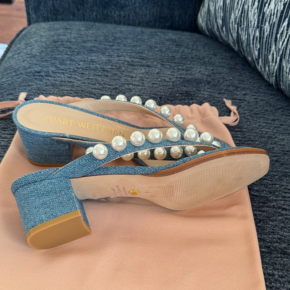 Stuart Weitzman Denim Pearl Mules - Picture 4 of 6